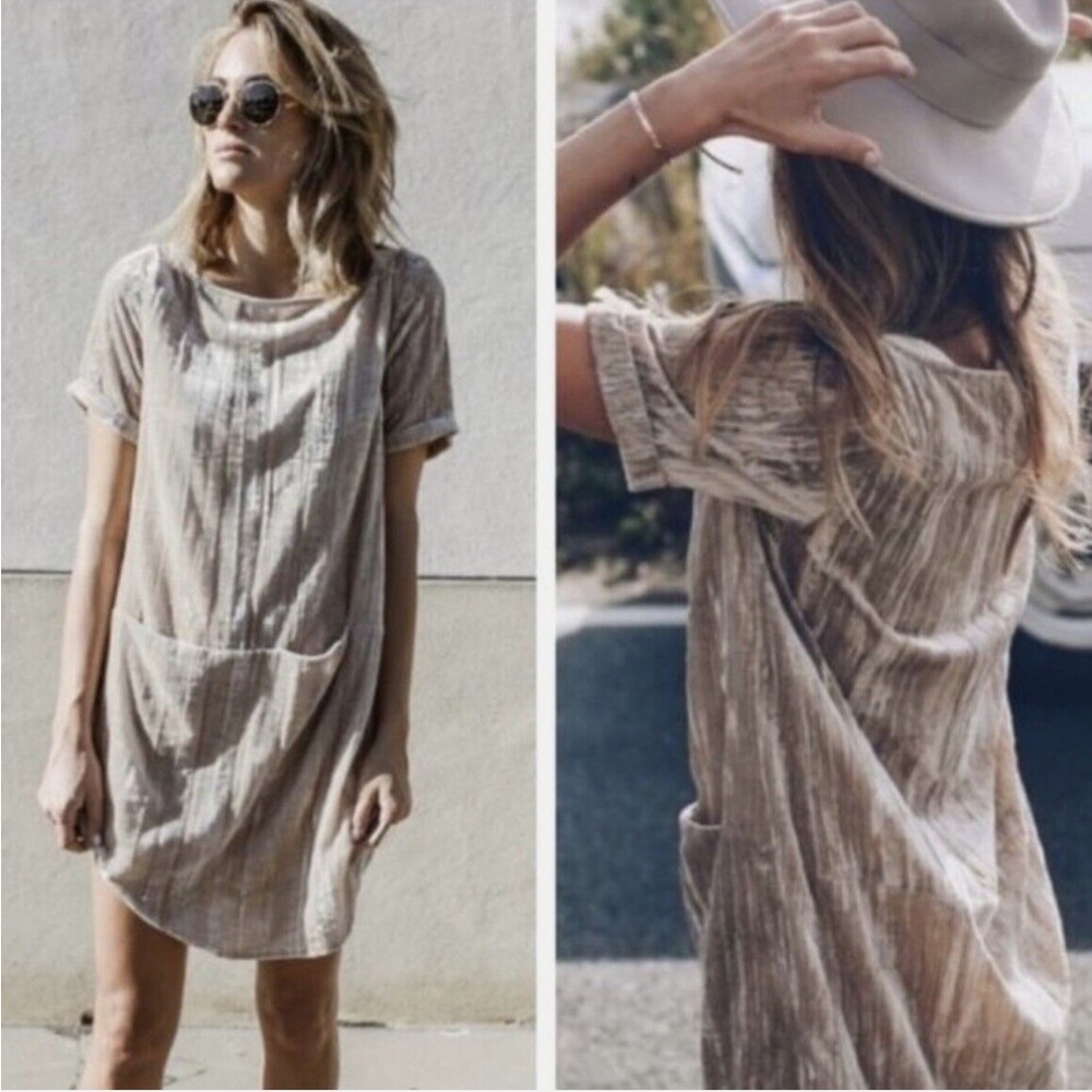 H19  Anthropologie Floreat Crinkle Crushed Velvet Dress Champagne‎ Pockets